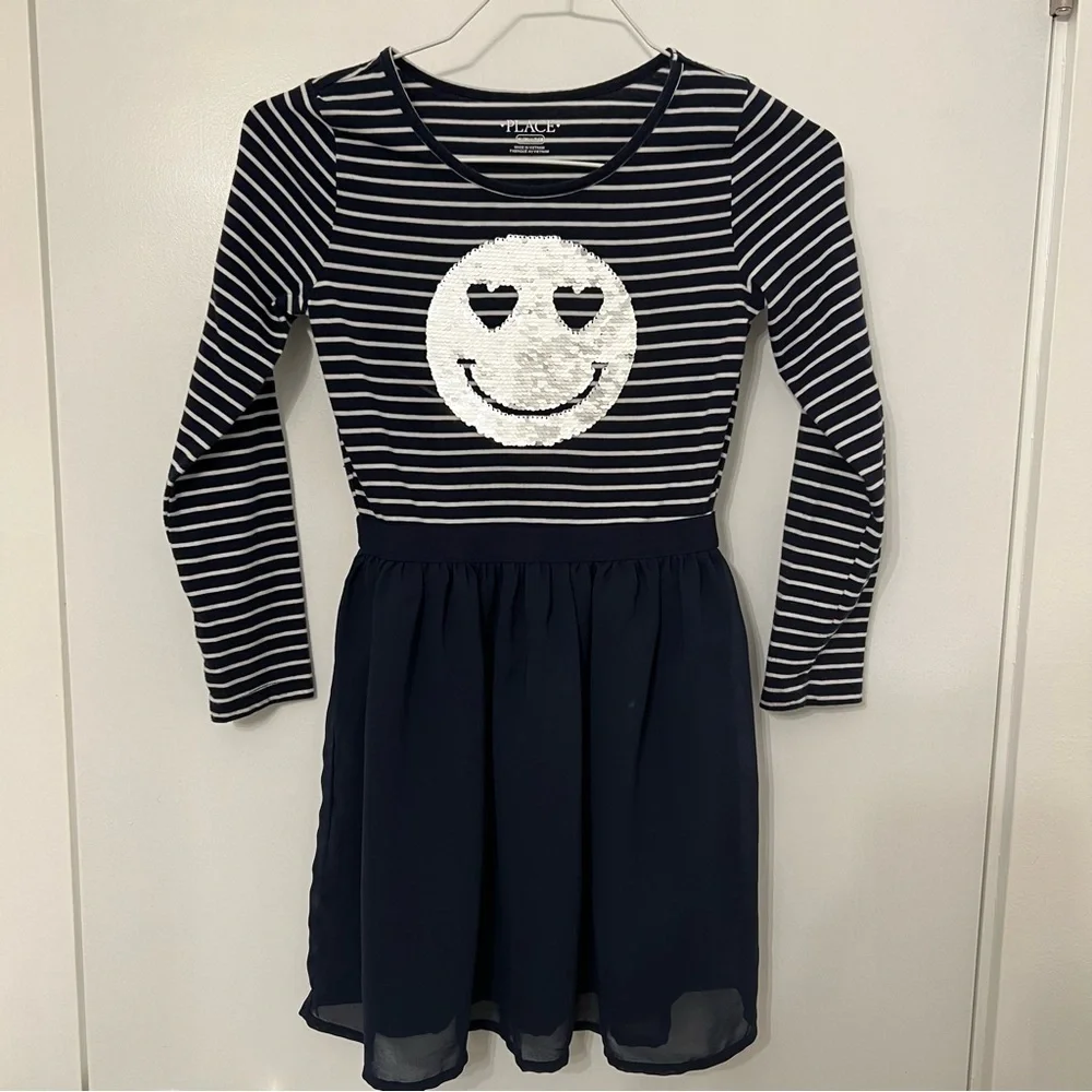 Girls Flip Sequin Dress Smiley Face Blue White Stripe The Childrens Place 7/8 M - Picture 2 of 11